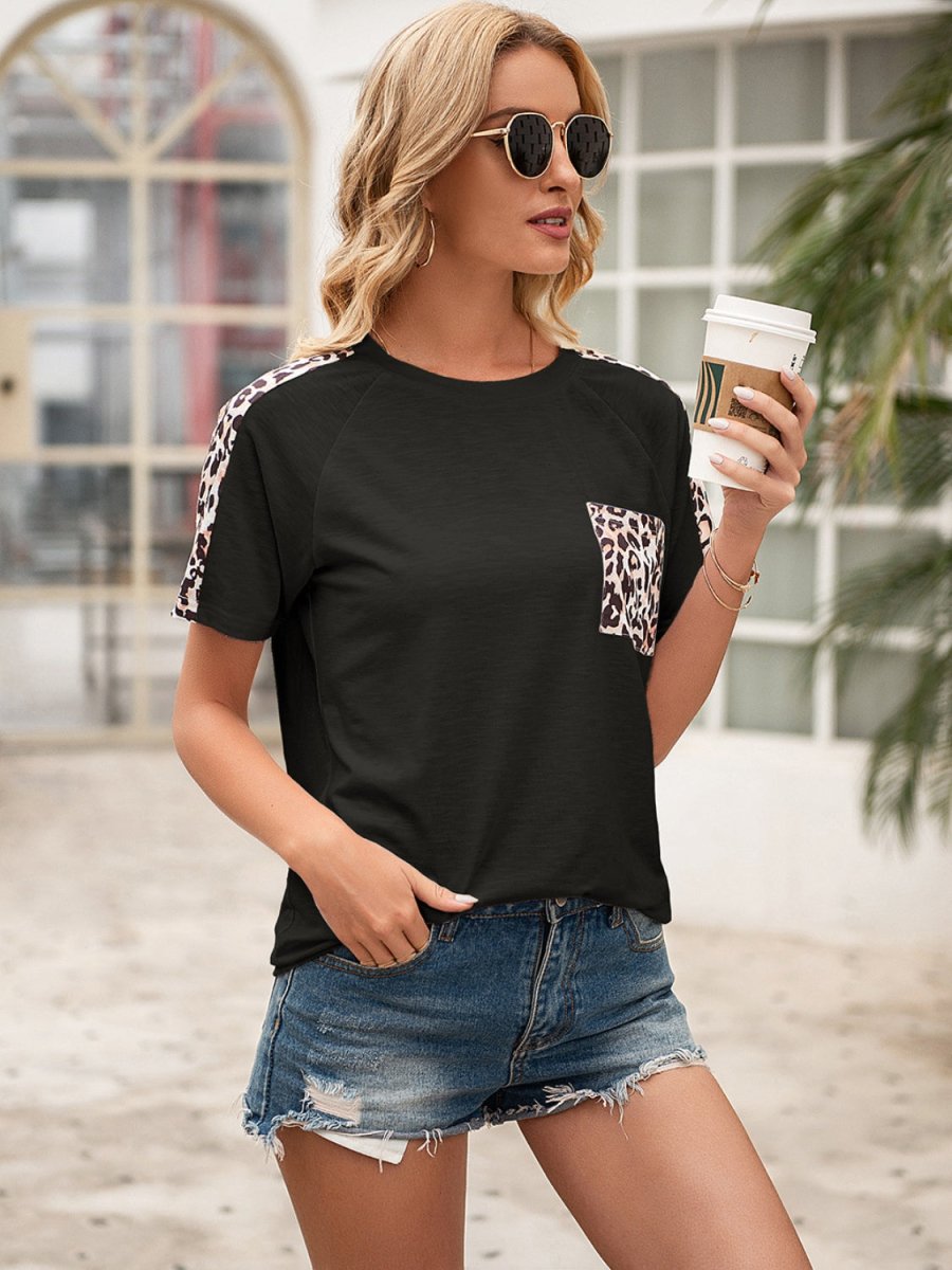 Ivy Lane Pocketed Leopard Round Neck Short Sleeve T-Shirt - Cocktail Dress