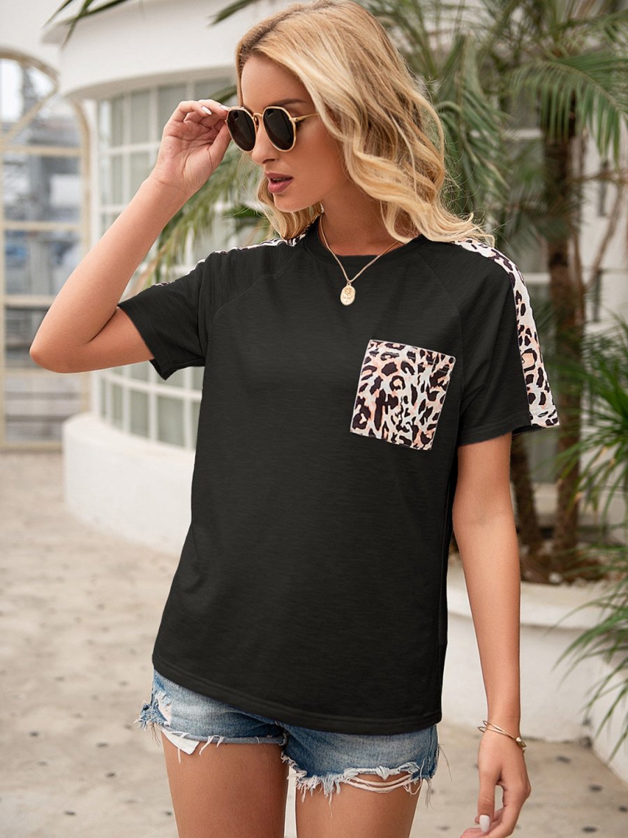 Ivy Lane Pocketed Leopard Round Neck Short Sleeve T-Shirt - Cocktail Dress