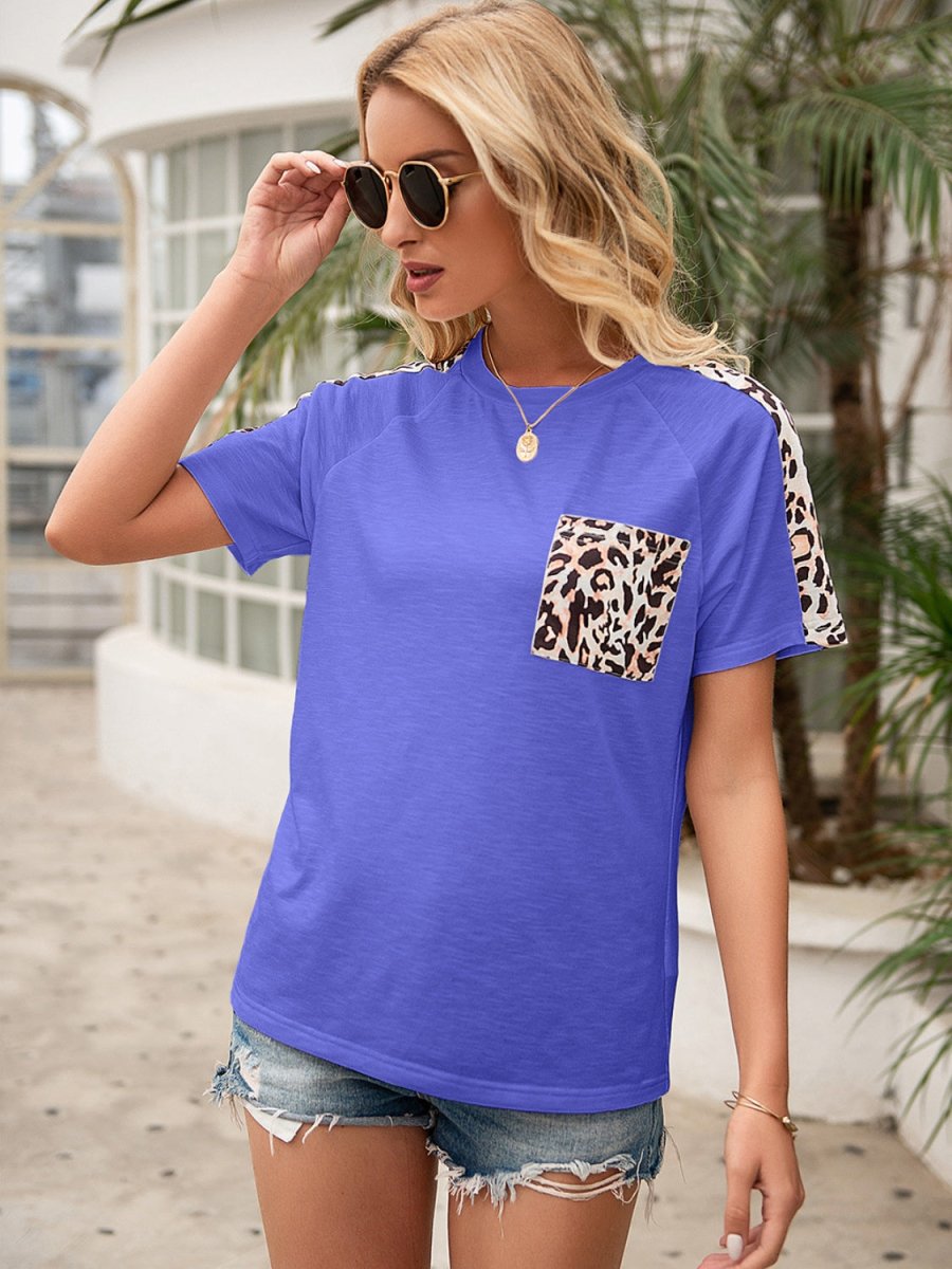 Ivy Lane Pocketed Leopard Round Neck Short Sleeve T-Shirt - Cocktail Dress