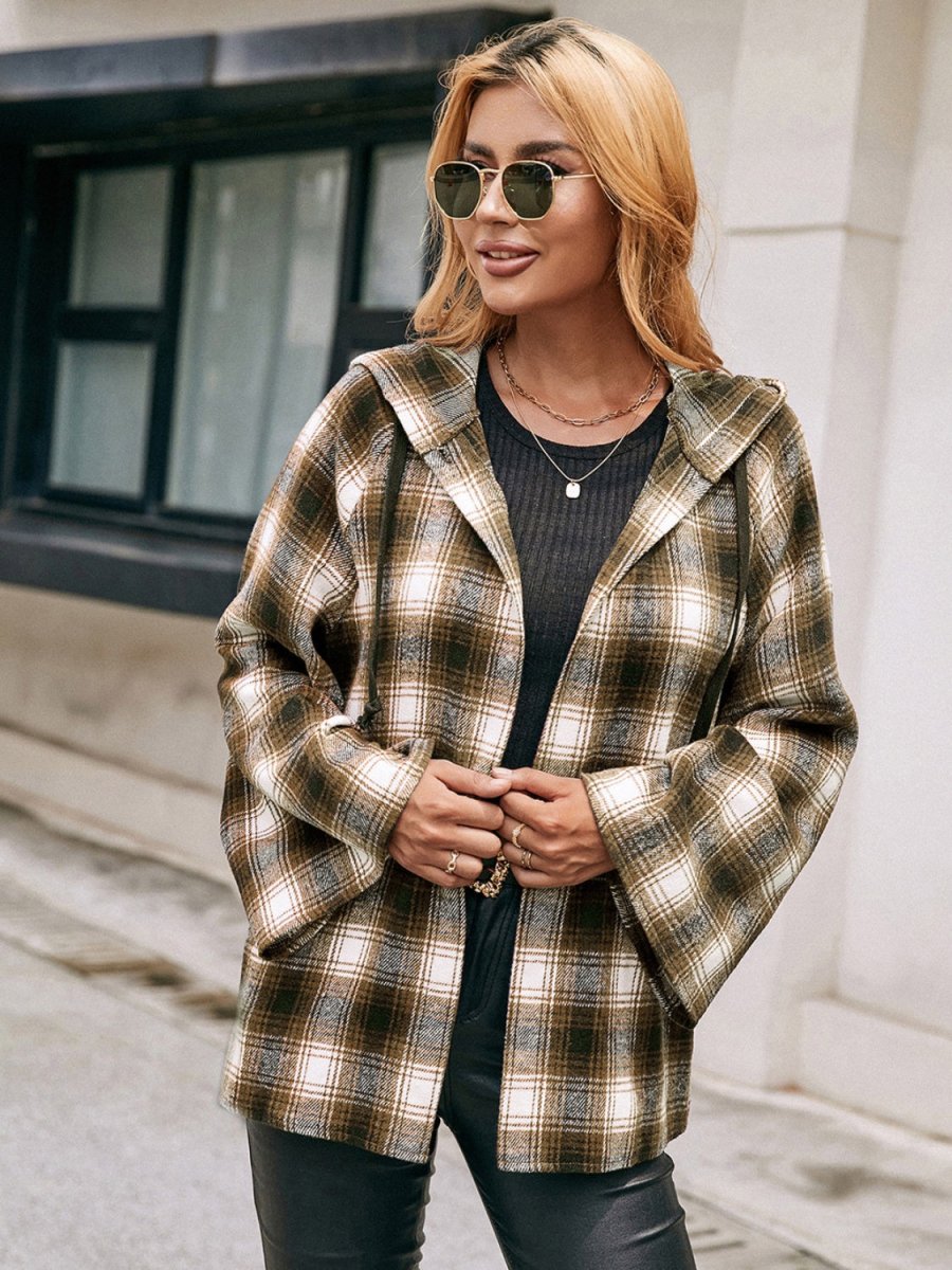 Ivy Lane Pocketed Plaid Long Sleeve Hooded Jacket - Outerwear