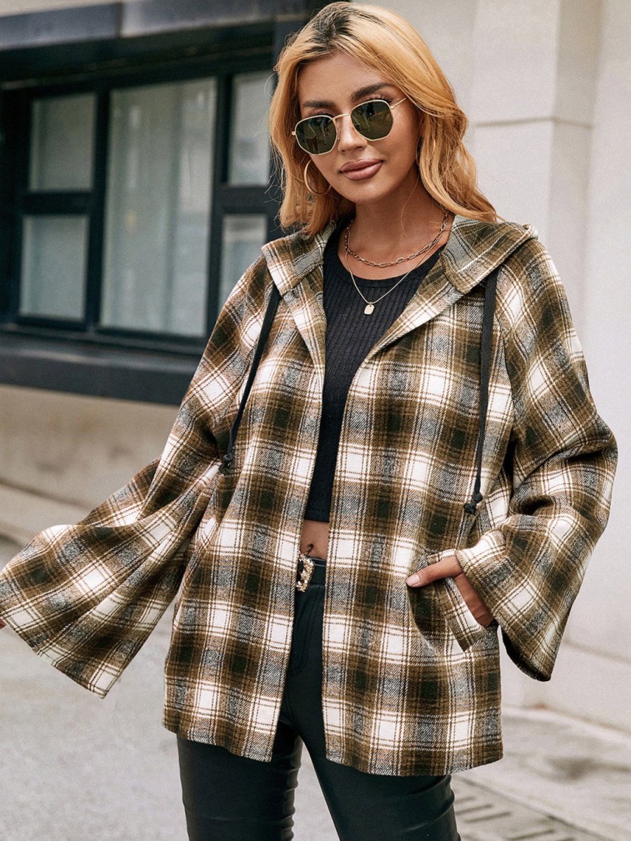 Ivy Lane Pocketed Plaid Long Sleeve Hooded Jacket - Outerwear
