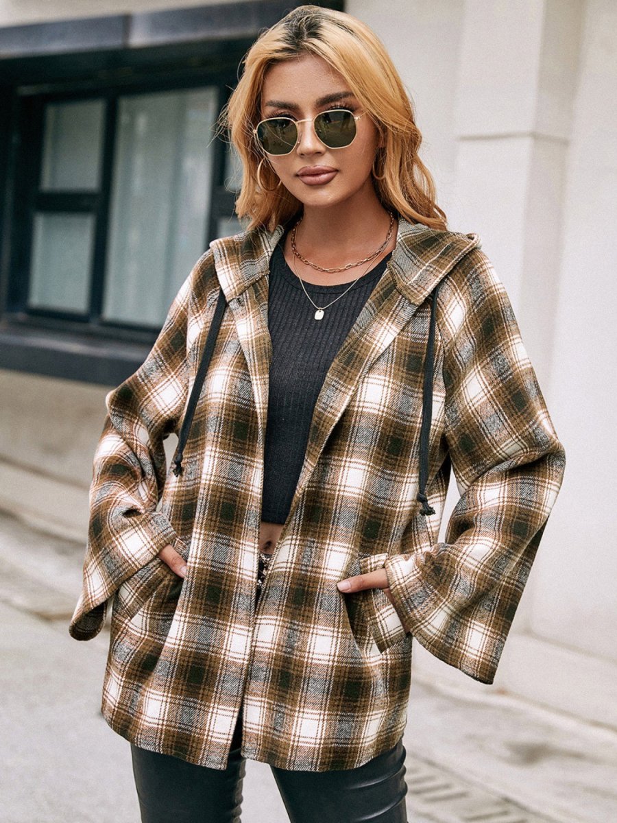 Ivy Lane Pocketed Plaid Long Sleeve Hooded Jacket - Outerwear