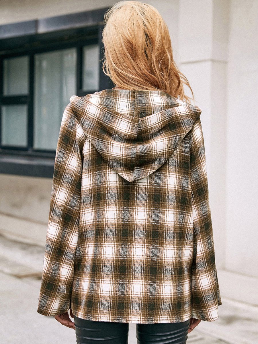 Ivy Lane Pocketed Plaid Long Sleeve Hooded Jacket - Outerwear