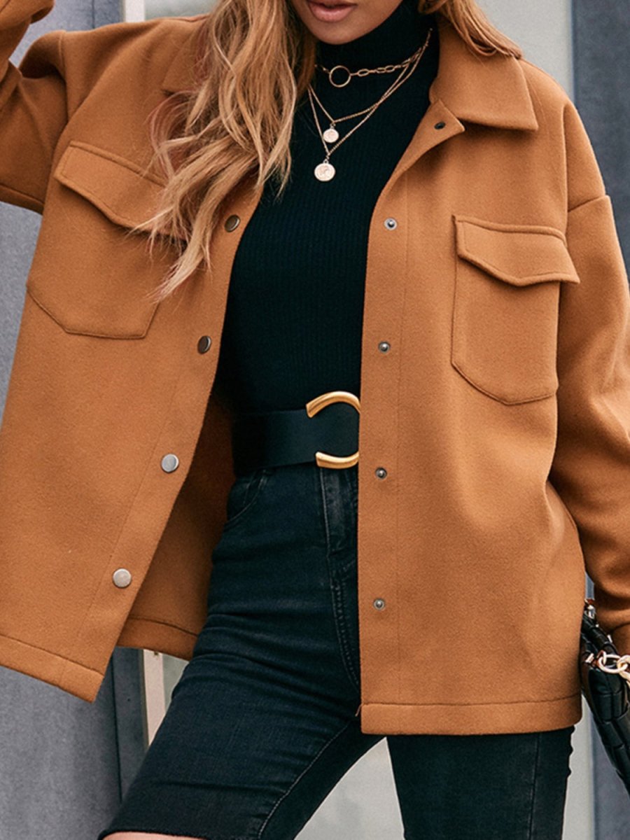 Ivy Lane Pocketed Snap Down Dropped Shoulder Jacket - Outerwear