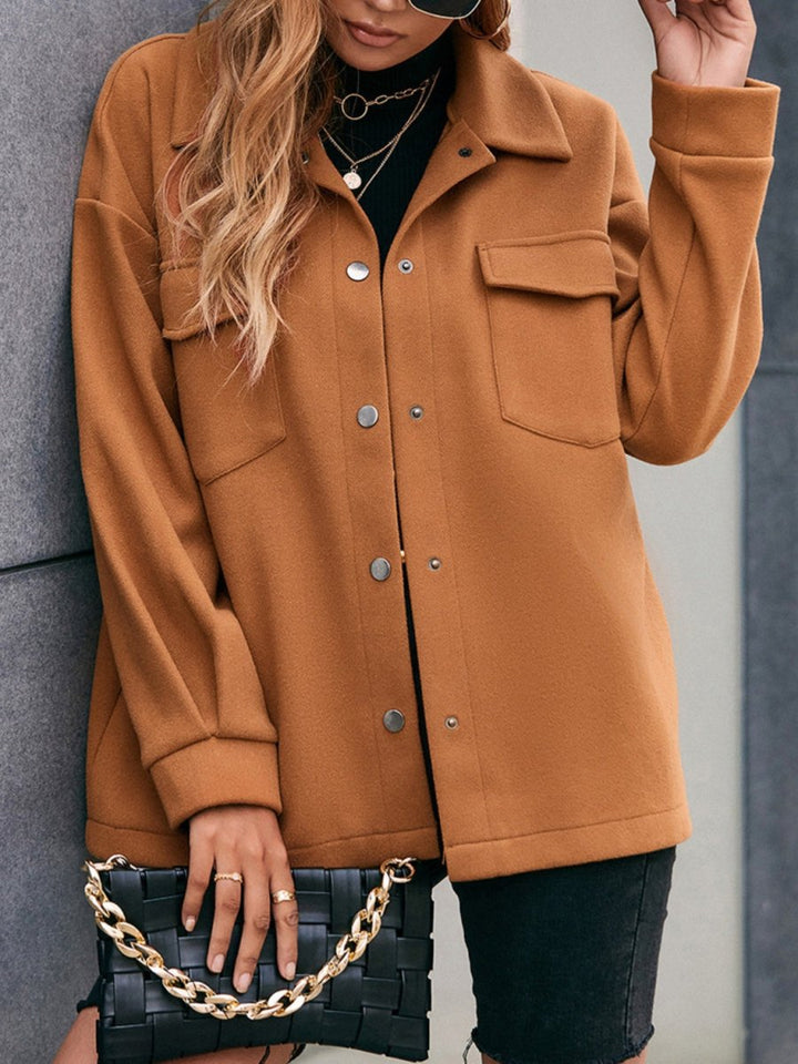 Ivy Lane Pocketed Snap Down Dropped Shoulder Jacket - Outerwear