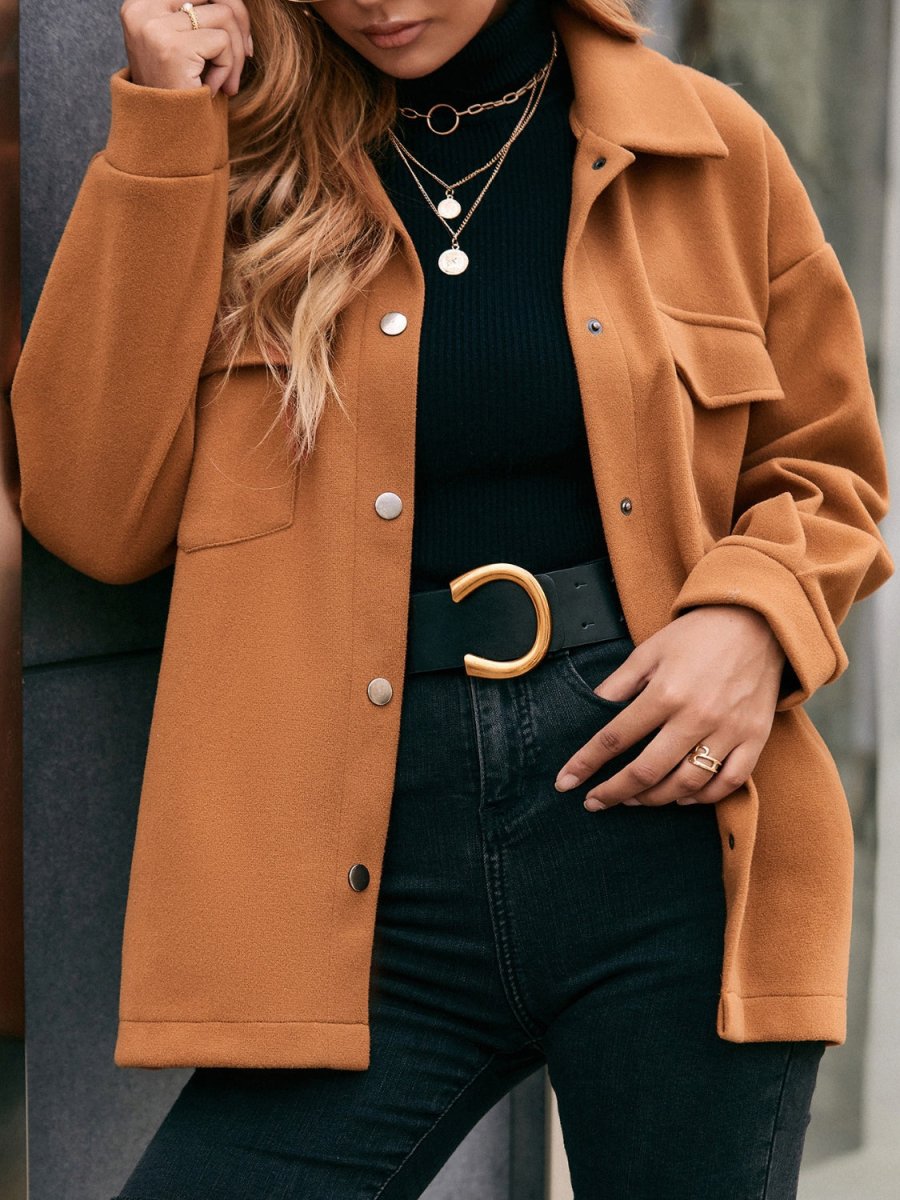 Ivy Lane Pocketed Snap Down Dropped Shoulder Jacket - Outerwear