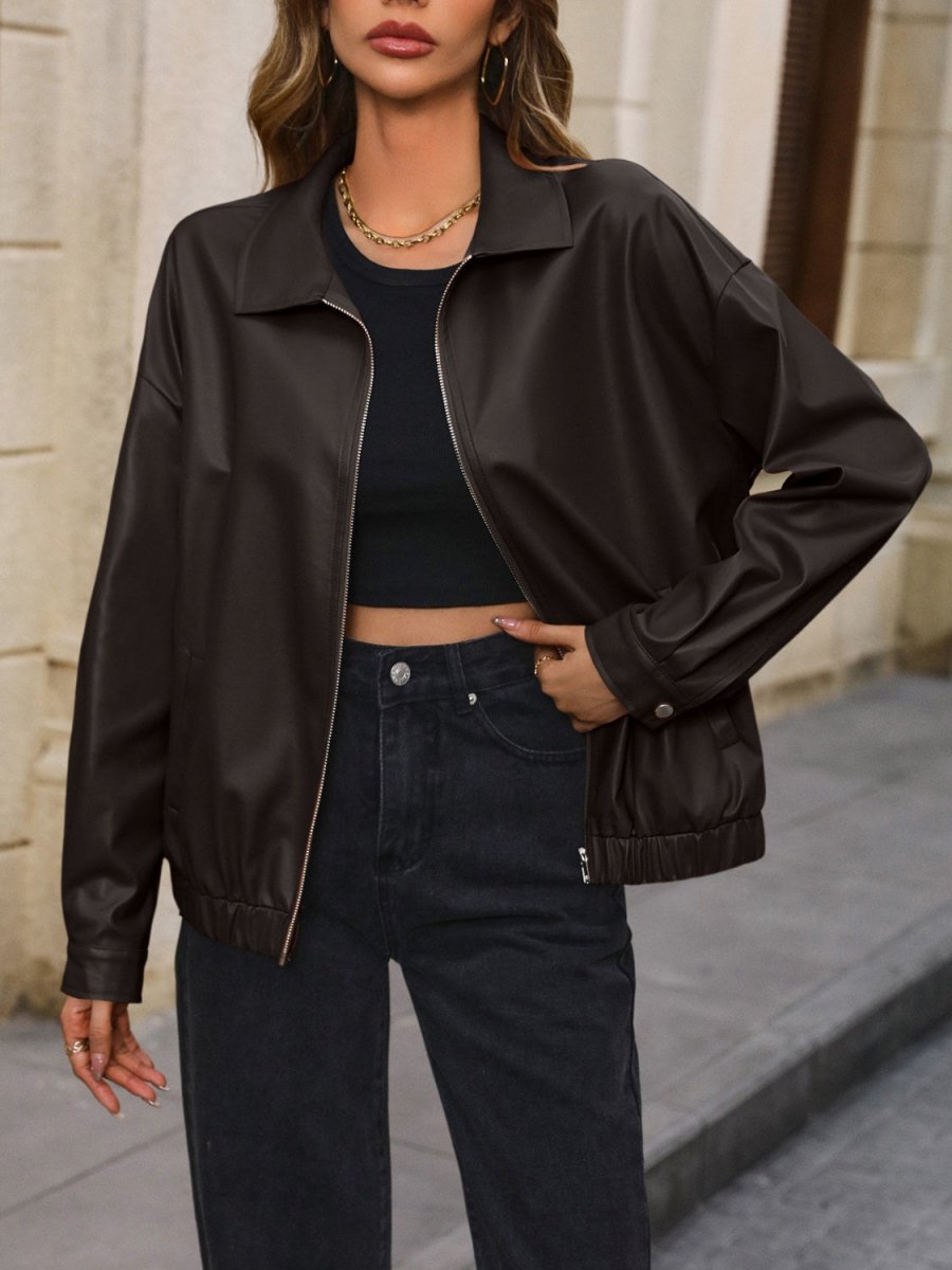 Ivy Lane Pocketed Zip Up Collared Neck Jacket - Outerwear