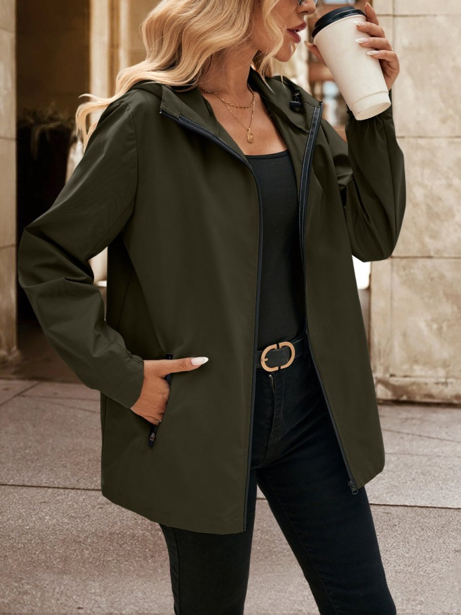 Ivy Lane Pocketed Zip Up Hooded Jacket - Outerwear