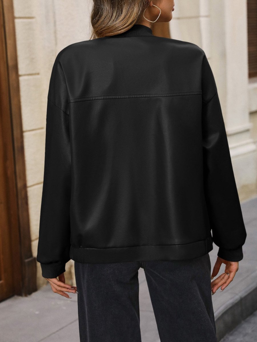 Ivy Lane Zip Up Baseball Collar Dropped Shoulder Jacket - Outerwear