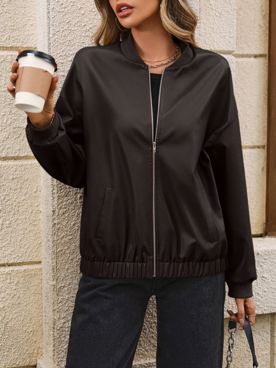 Ivy Lane Zip Up Baseball Collar Dropped Shoulder Jacket - Outerwear