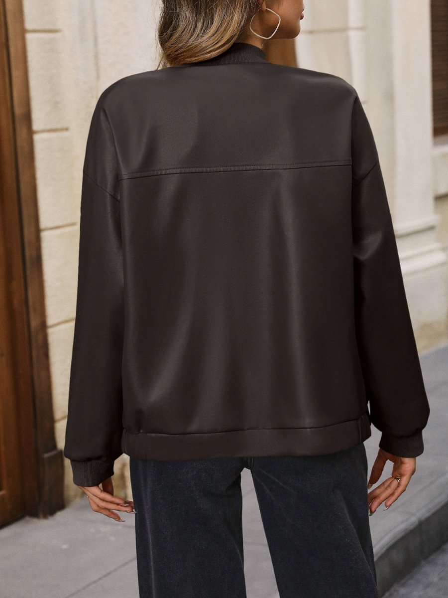 Ivy Lane Zip Up Baseball Collar Dropped Shoulder Jacket - Outerwear