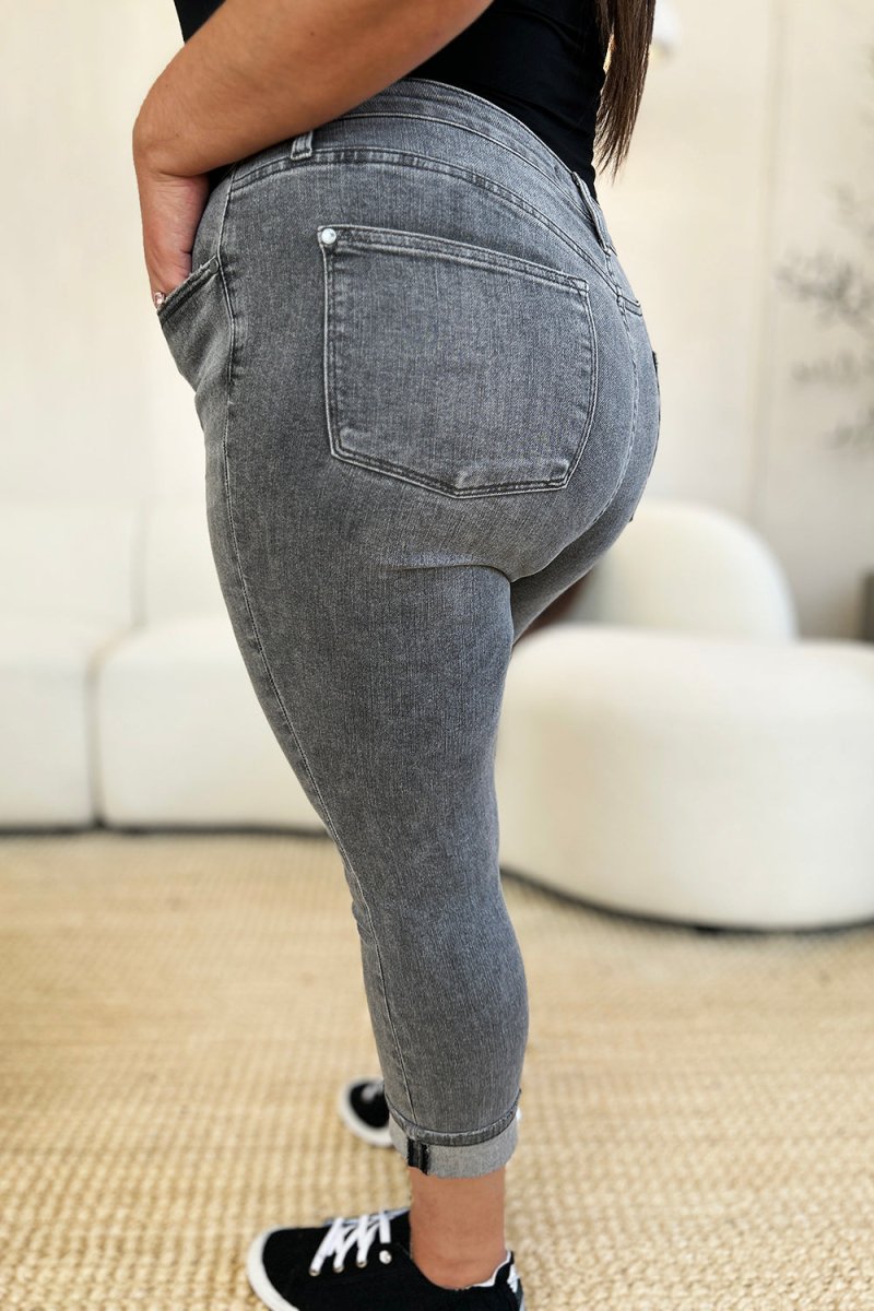 Judy Blue Full Size Button Fly High Waist Cuffed Capris - Bottoms