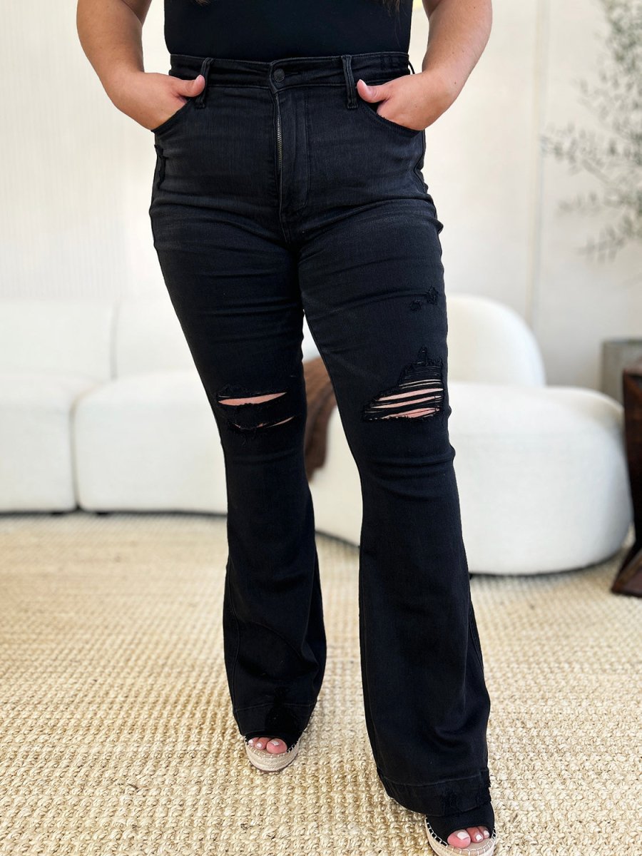 Judy Blue Full Size High Waist Distressed Flare Jeans - Bottoms