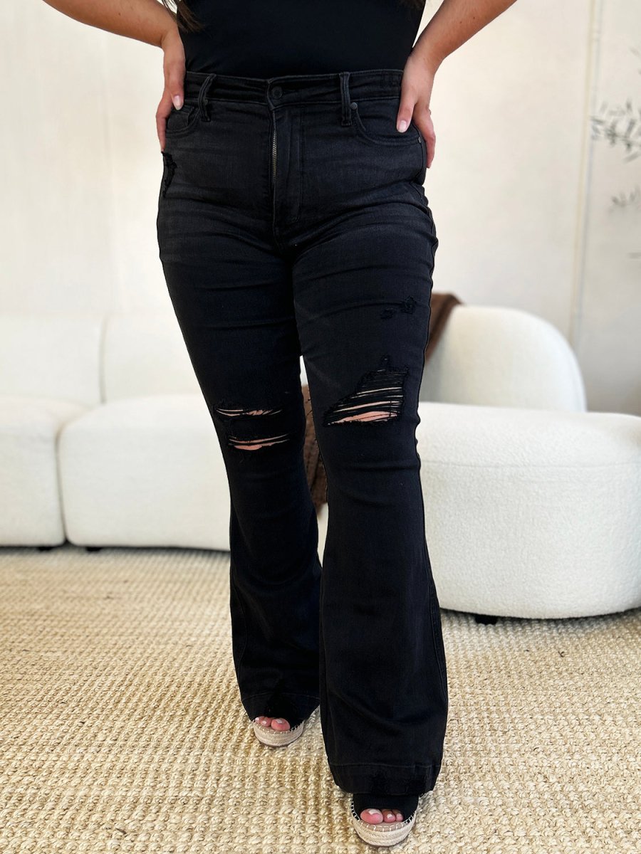 Judy Blue Full Size High Waist Distressed Flare Jeans - Bottoms