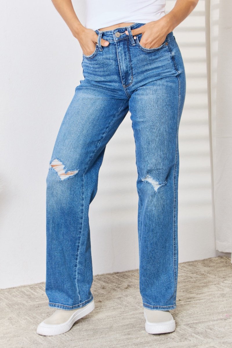Judy Blue Full Size High Waist Distressed Straight - Leg Jeans - Bottoms