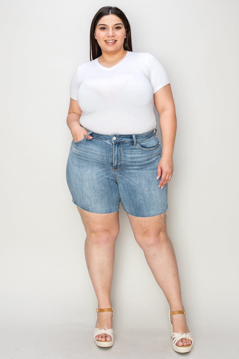 Judy Blue Full Size High Waist Raw Hem Denim Shorts - Bottoms