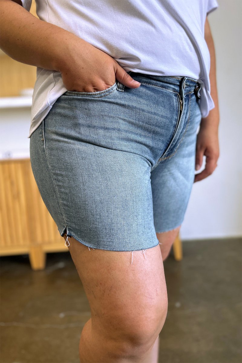 Judy Blue Full Size High Waist Raw Hem Denim Shorts - Bottoms