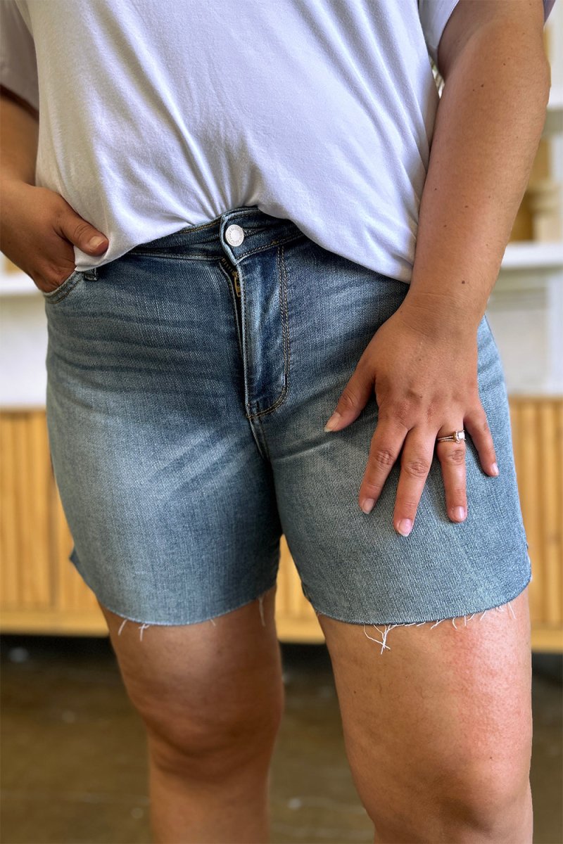 Judy Blue Full Size High Waist Raw Hem Denim Shorts - Bottoms