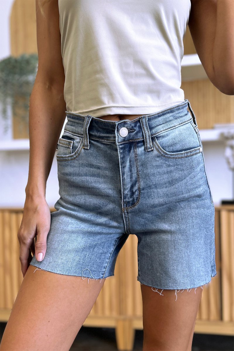 Judy Blue Full Size High Waist Raw Hem Denim Shorts - Bottoms