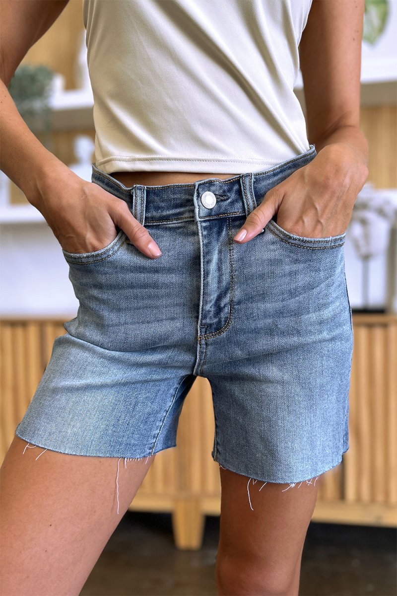 Judy Blue Full Size High Waist Raw Hem Denim Shorts - Bottoms