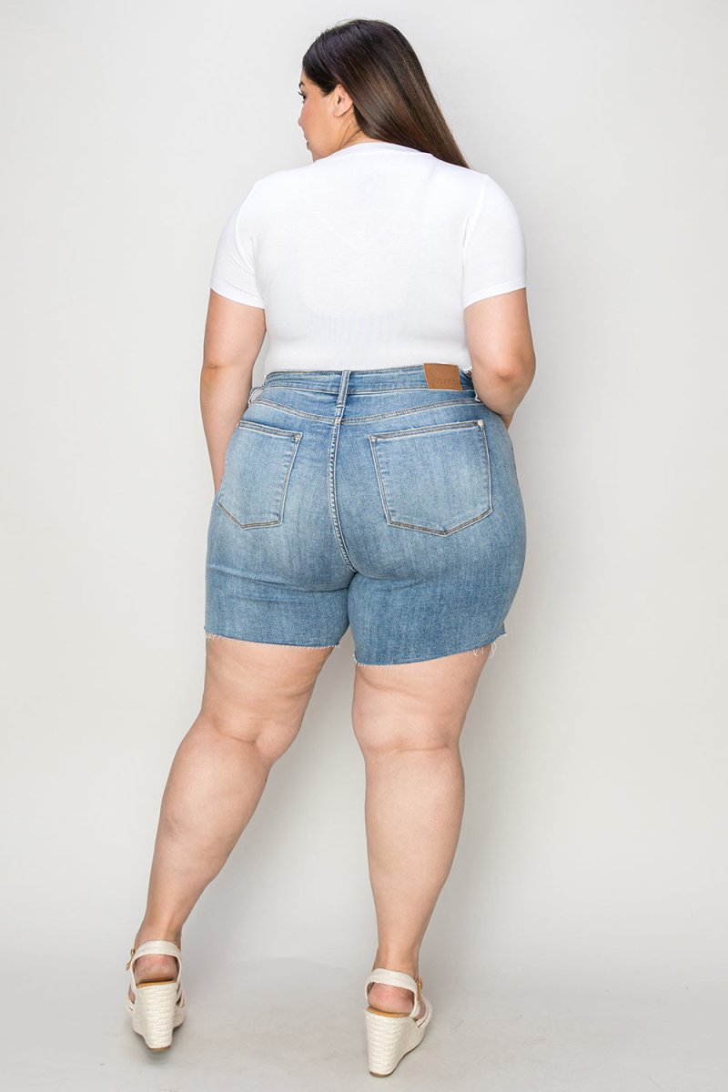Judy Blue Full Size High Waist Raw Hem Denim Shorts - Bottoms