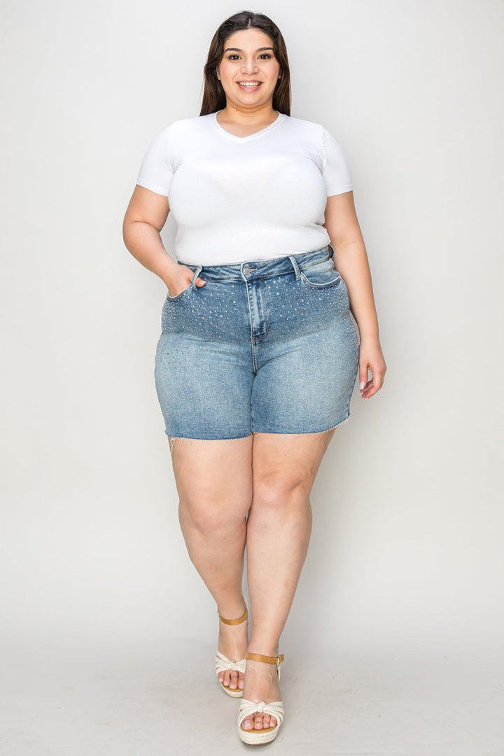 Judy Blue Full Size High Waist Rhinestone Decor Denim Shorts - Bottoms