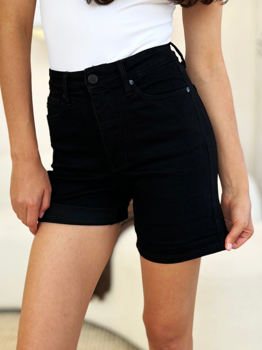 Judy Blue Full Size High Waist Tummy Control Cuffed Denim Shorts - Bottoms