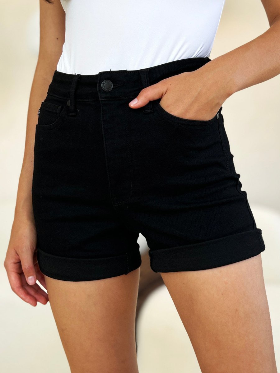 Judy Blue Full Size High Waist Tummy Control Cuffed Denim Shorts - Bottoms
