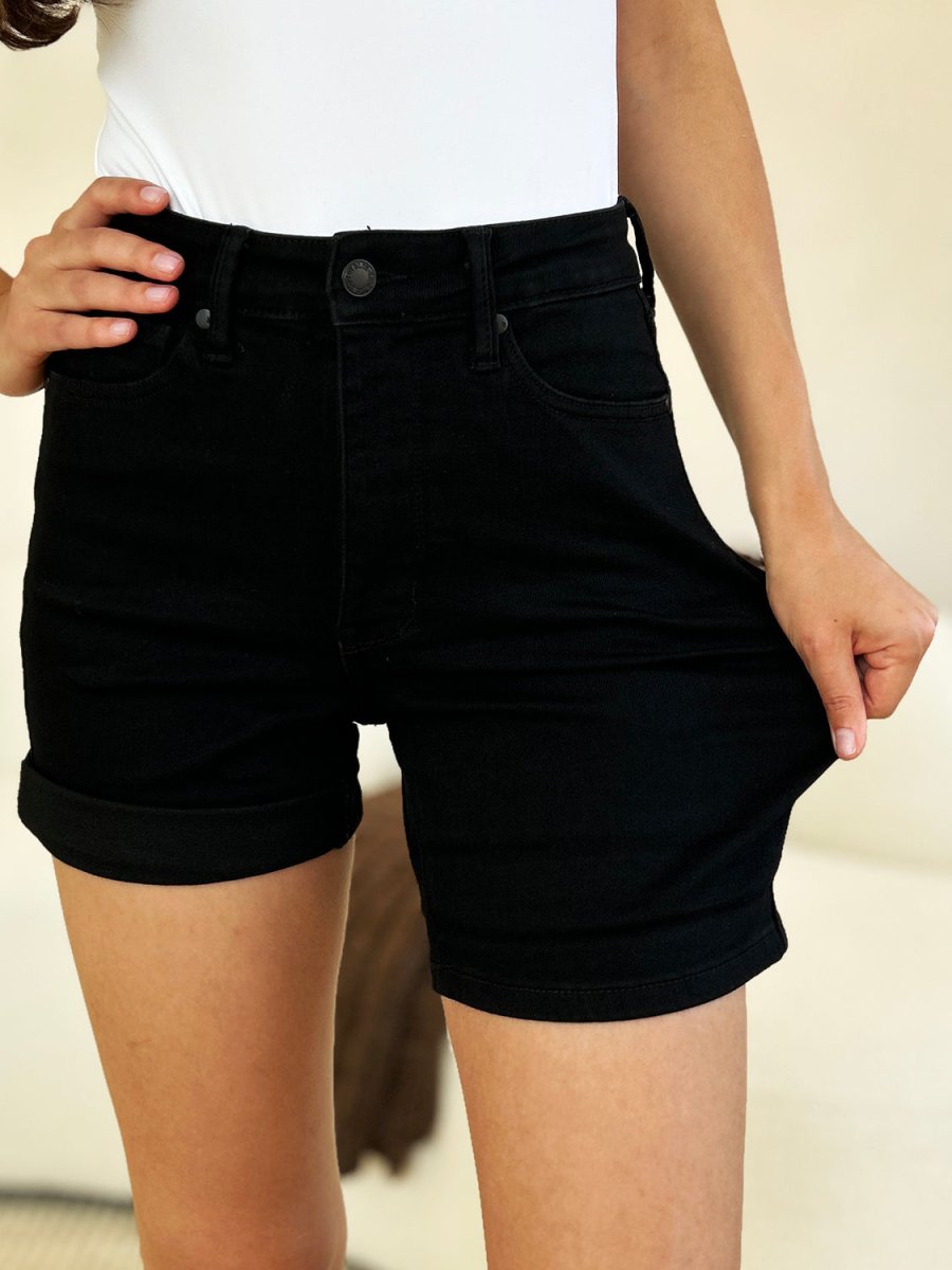 Judy Blue Full Size High Waist Tummy Control Cuffed Denim Shorts - Bottoms
