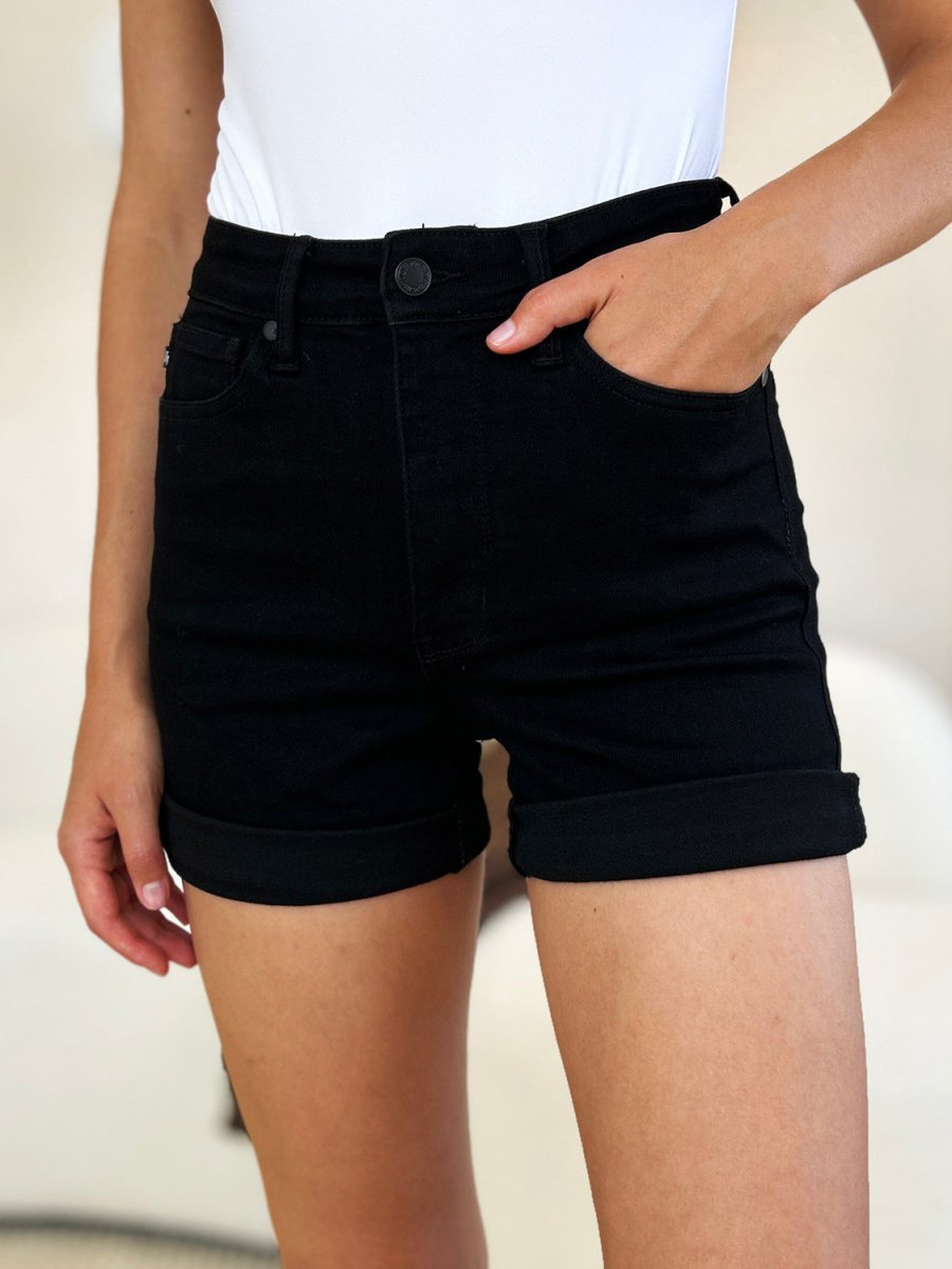 Judy Blue Full Size High Waist Tummy Control Cuffed Denim Shorts - Bottoms