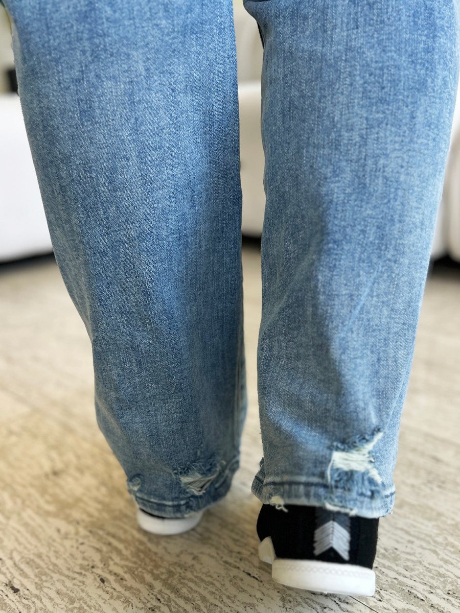 Judy Blue Full Size Mid Rise Distressed Straight Jeans - Bottoms