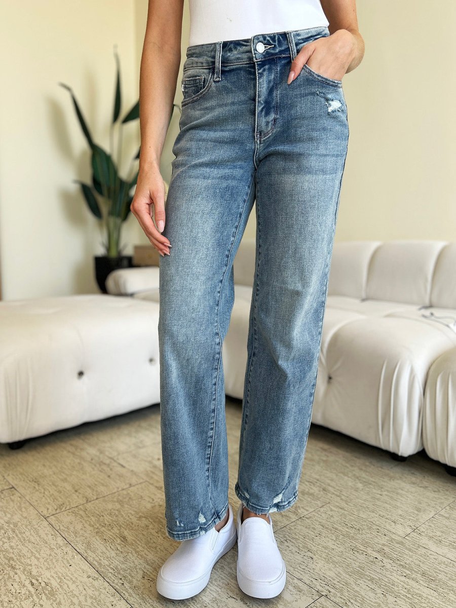 Judy Blue Full Size Mid Rise Distressed Straight Jeans - Bottoms