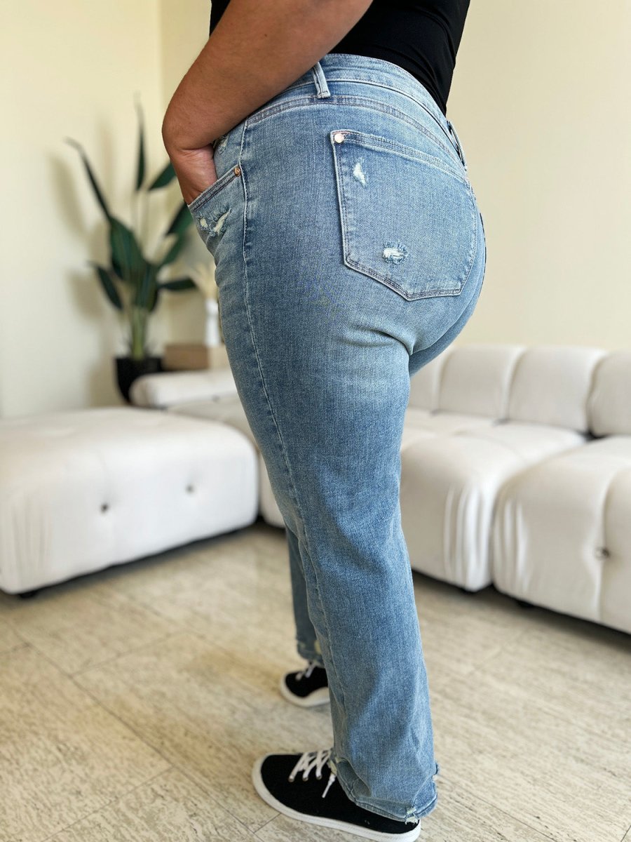 Judy Blue Full Size Mid Rise Distressed Straight Jeans - Bottoms