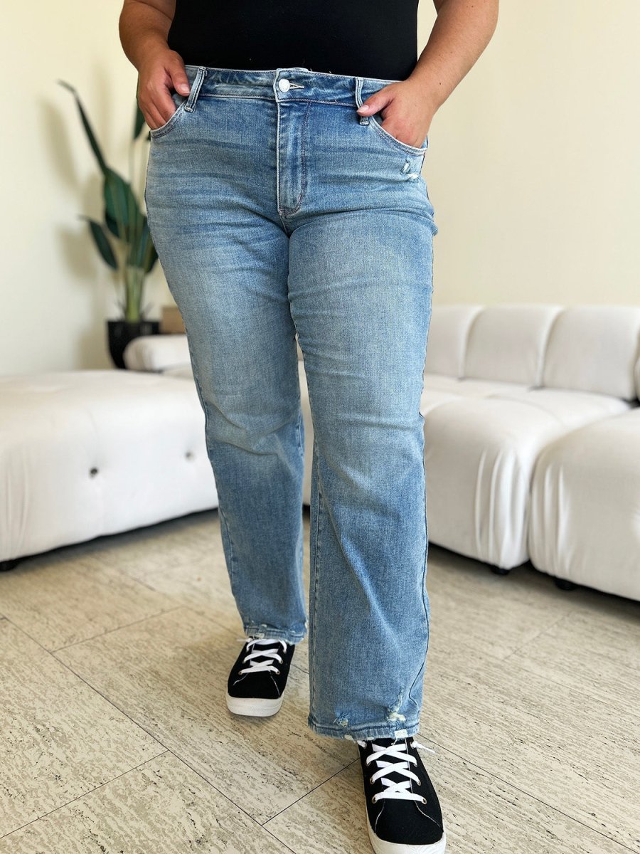 Judy Blue Full Size Mid Rise Distressed Straight Jeans - Bottoms