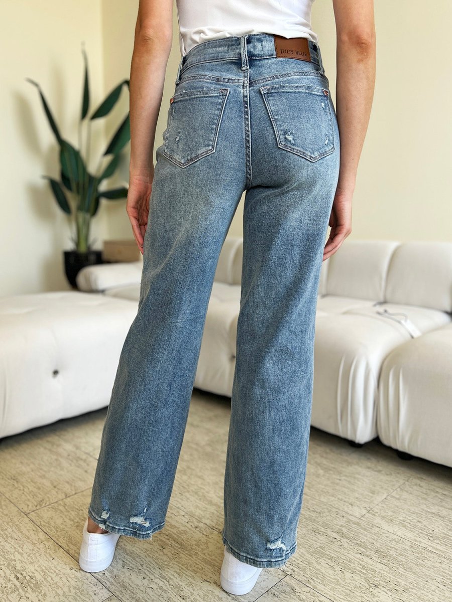 Judy Blue Full Size Mid Rise Distressed Straight Jeans - Bottoms