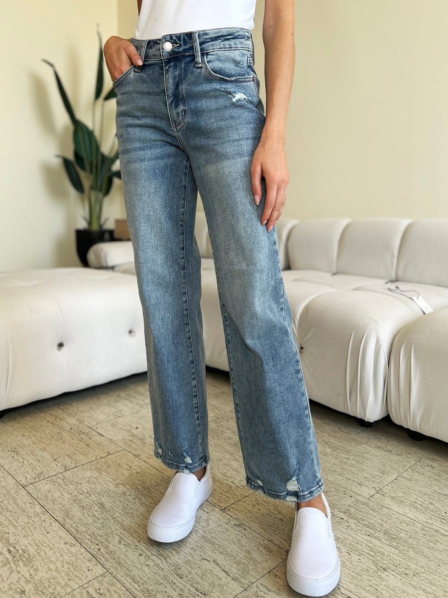 Judy Blue Full Size Mid Rise Distressed Straight Jeans - Bottoms