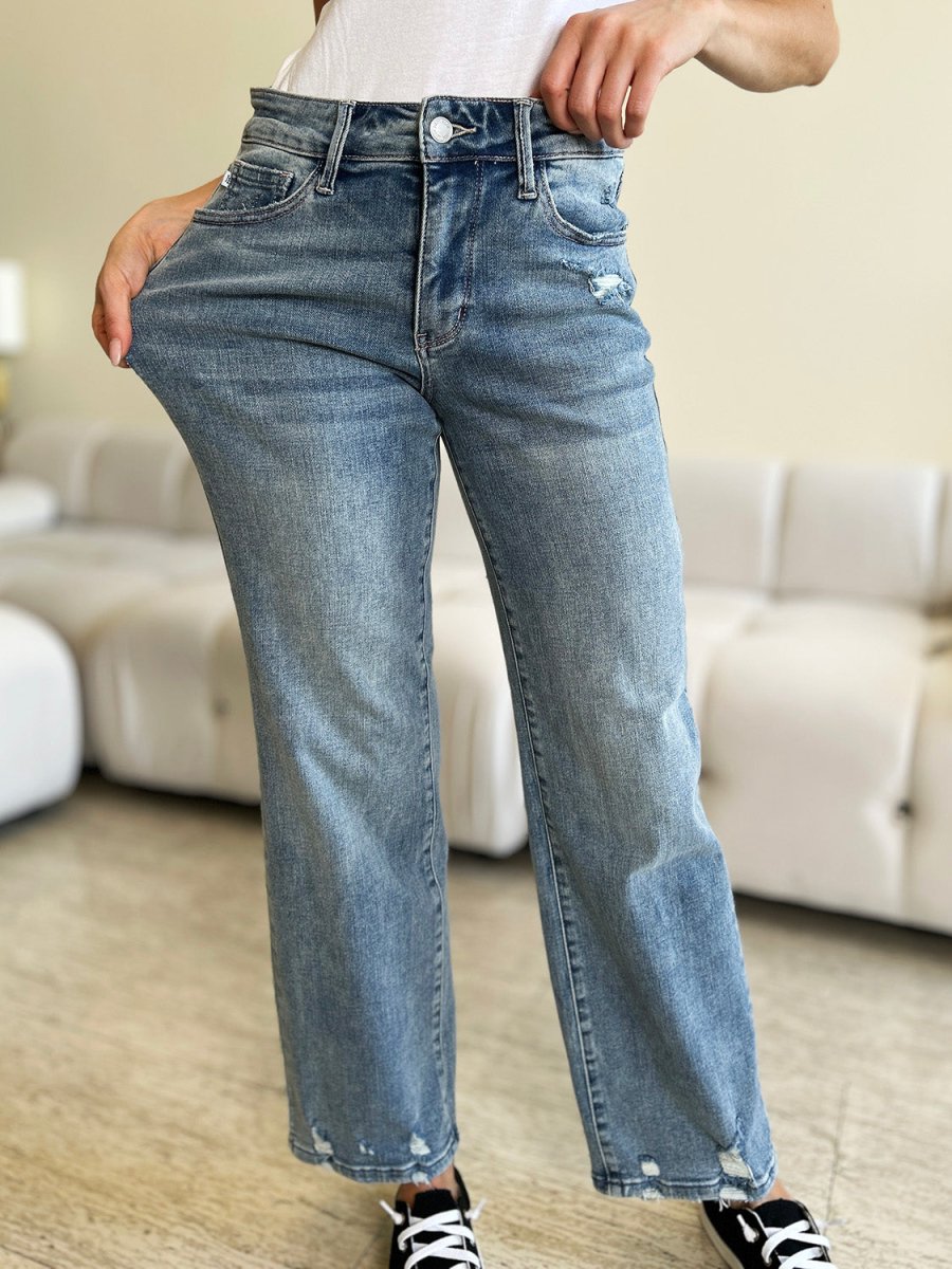 Judy Blue Full Size Mid Rise Distressed Straight Jeans - Bottoms
