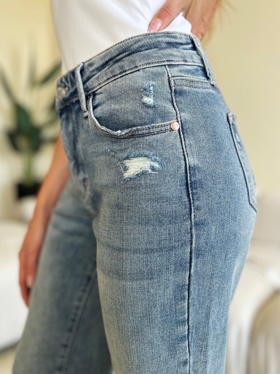 Judy Blue Full Size Mid Rise Distressed Straight Jeans - Bottoms