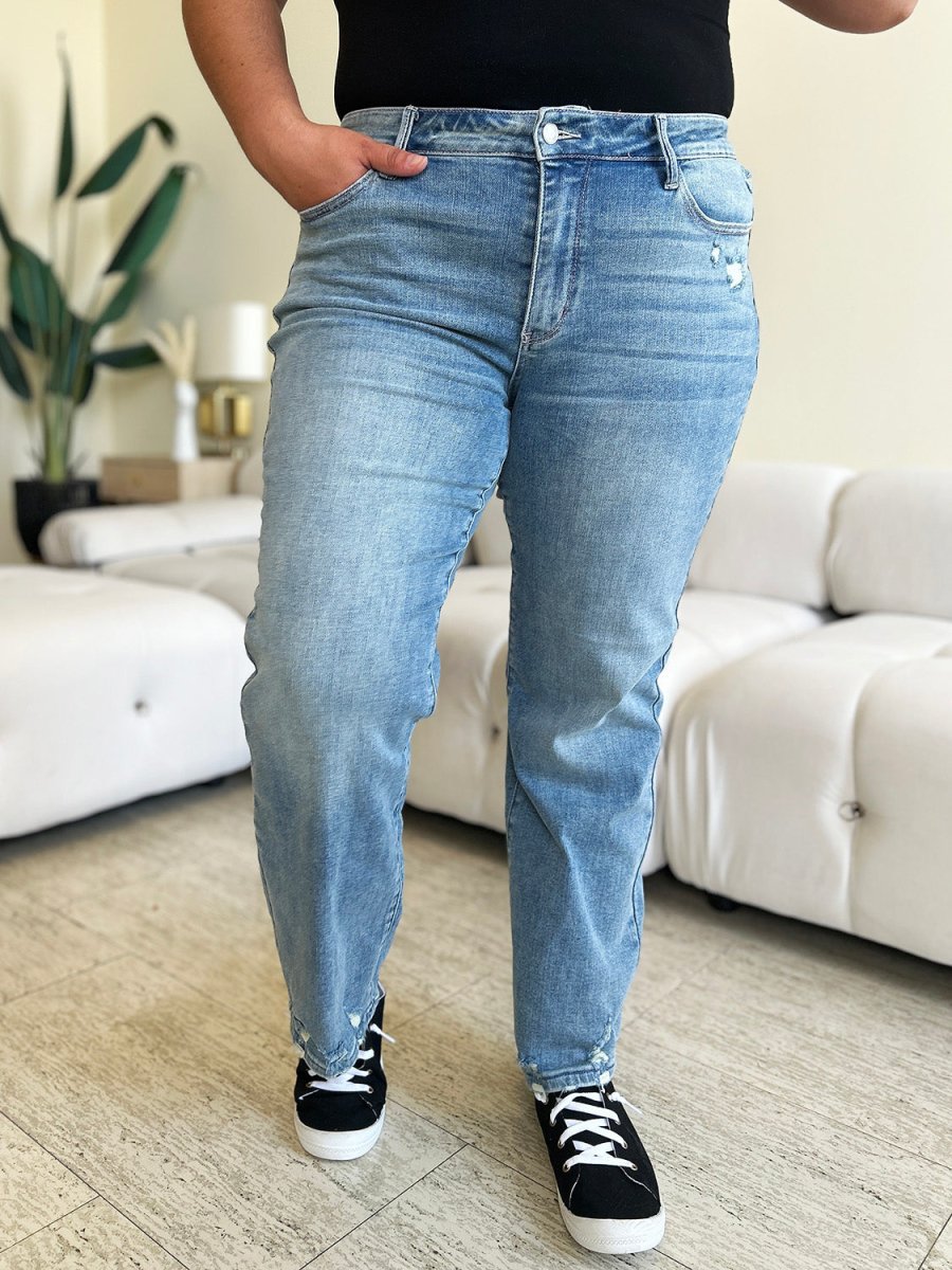 Judy Blue Full Size Mid Rise Distressed Straight Jeans - Bottoms