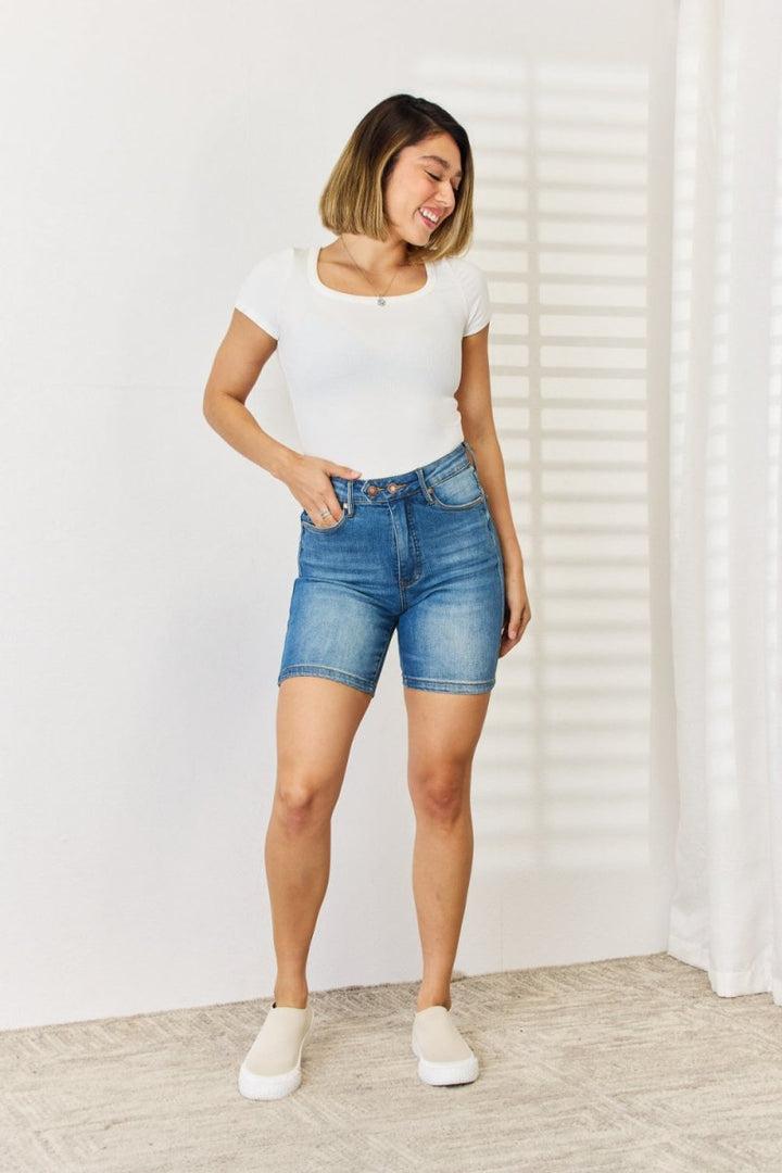 Judy Blue Full Size Tummy Control Double Button Bermuda Denim Shorts - Bottoms