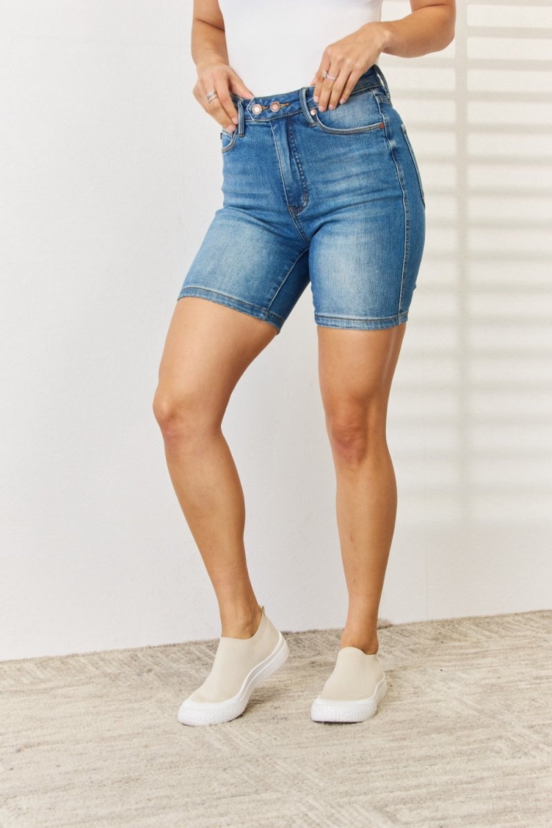Judy Blue Full Size Tummy Control Double Button Bermuda Denim Shorts - Bottoms