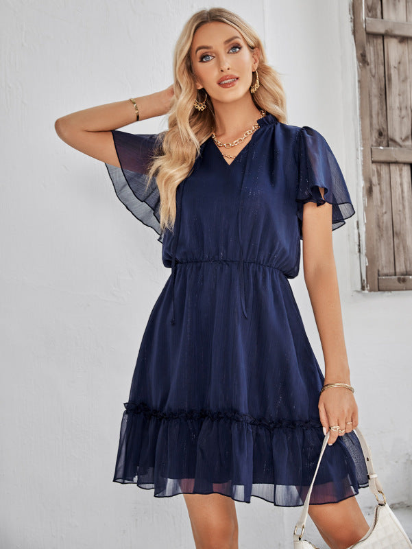 Women's New Fresh V-neck Solid Color Ruffle Dress