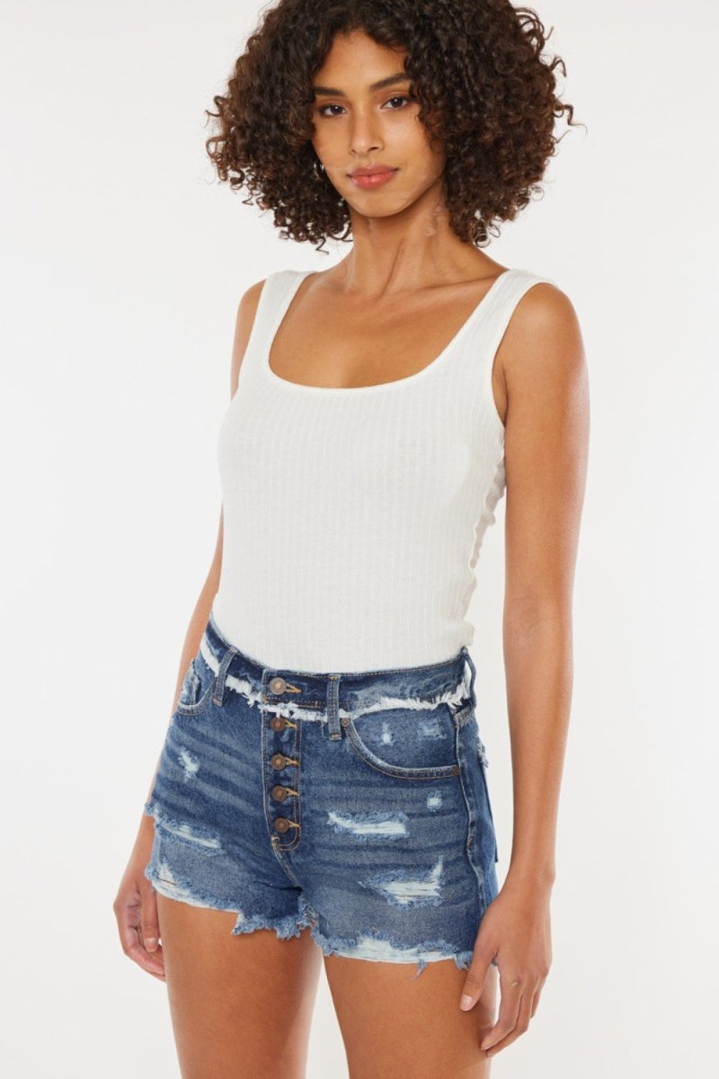 Kancan Distressed Button Fly Denim Shorts - Bottoms