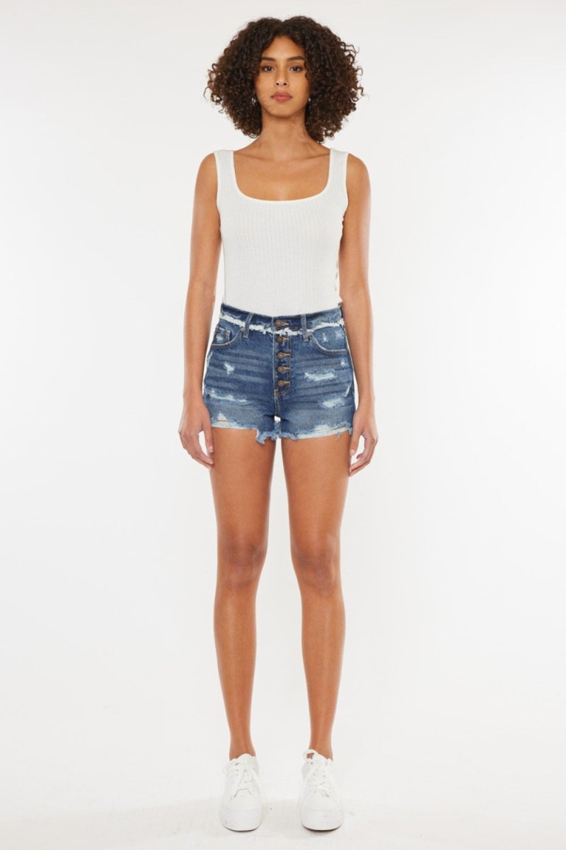 Kancan Distressed Button Fly Denim Shorts - Bottoms
