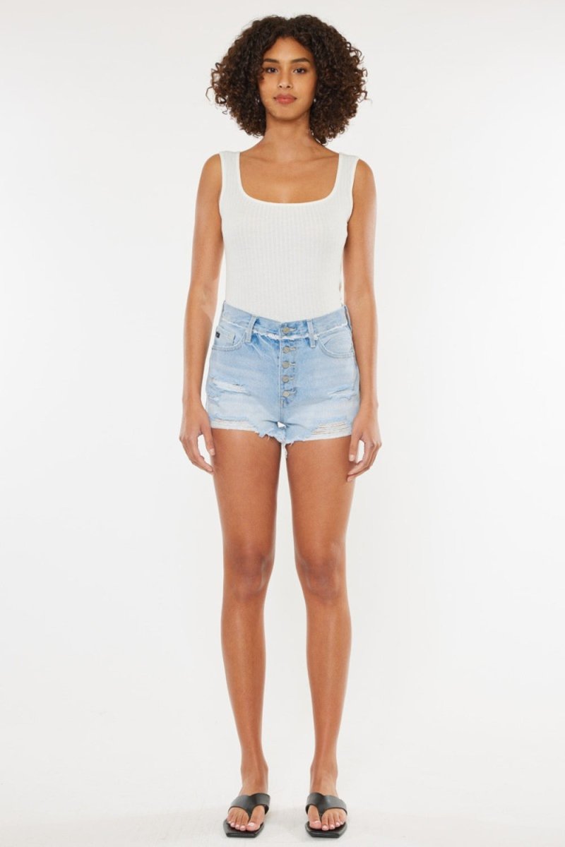 Kancan Distressed Button Fly Denim Shorts - Bottoms
