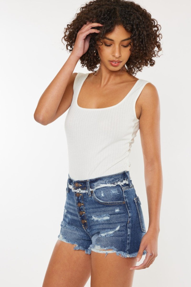 Kancan Distressed Button Fly Denim Shorts - Bottoms
