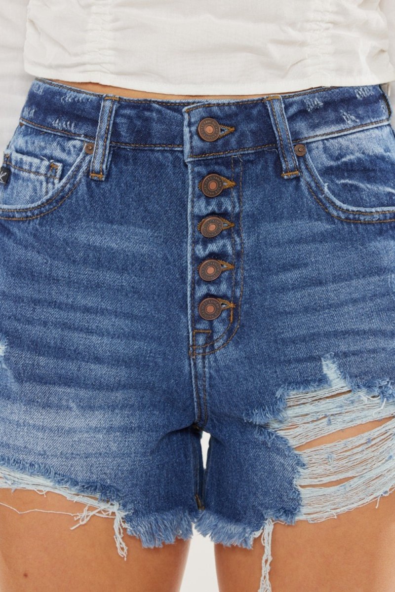 Kancan Distressed Button - Fly High Waist Denim Shorts - Bottoms
