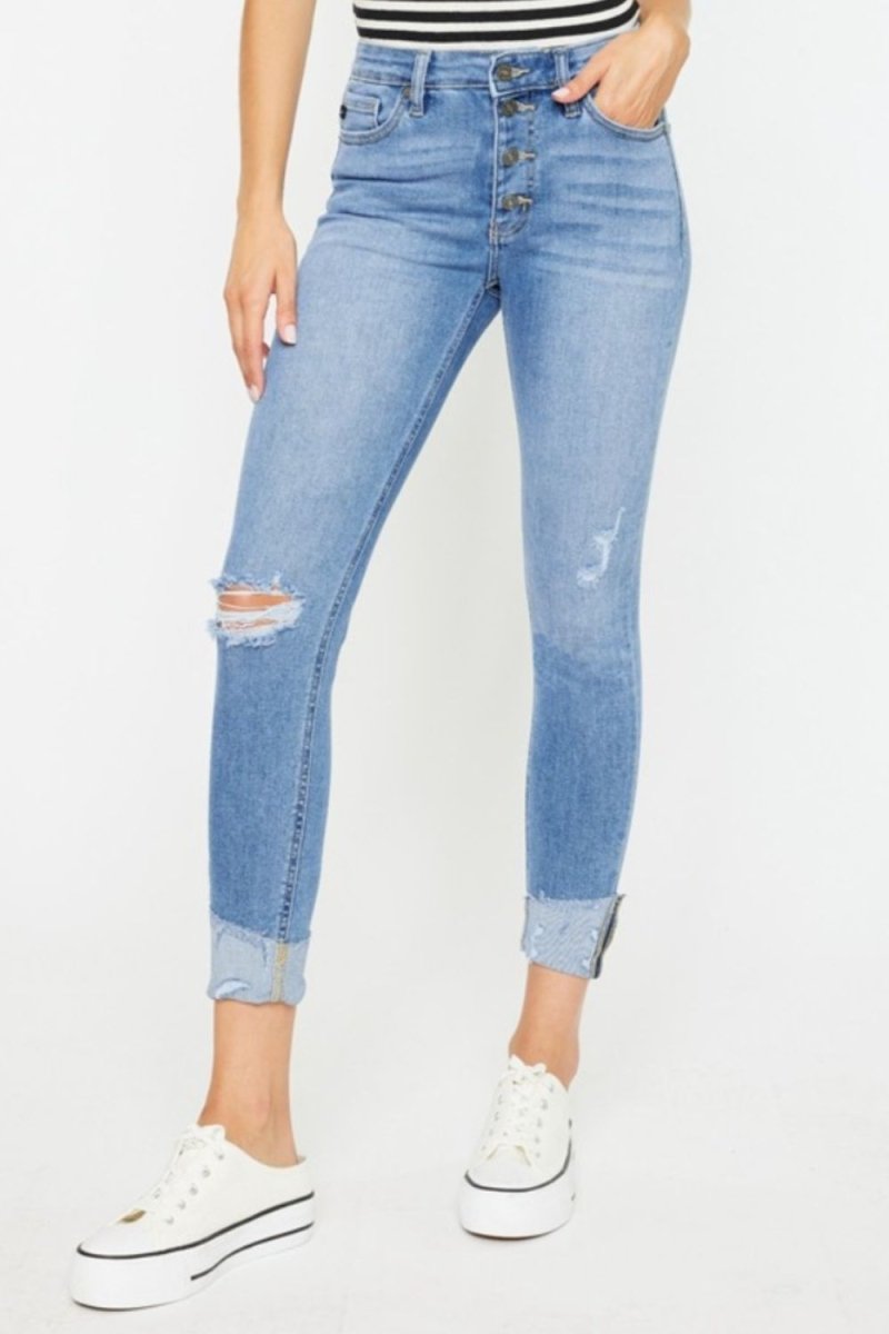 Kancan Distressed Cat's Whiskers Button Fly Jeans - Bottoms