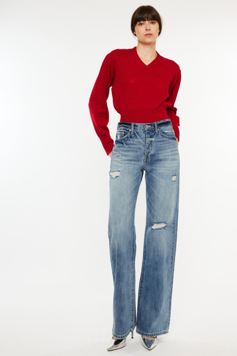 Kancan Distressed High Waist Bootcut Jeans - Bottoms