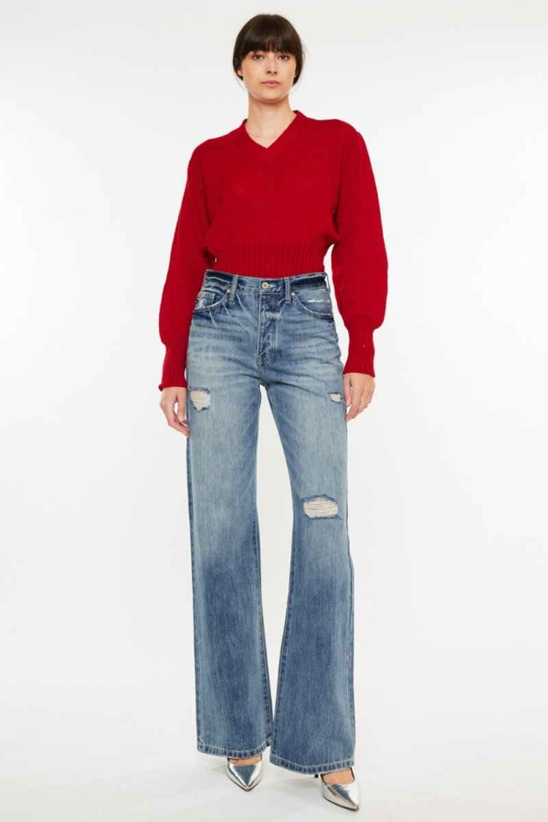Kancan Distressed High Waist Bootcut Jeans - Bottoms